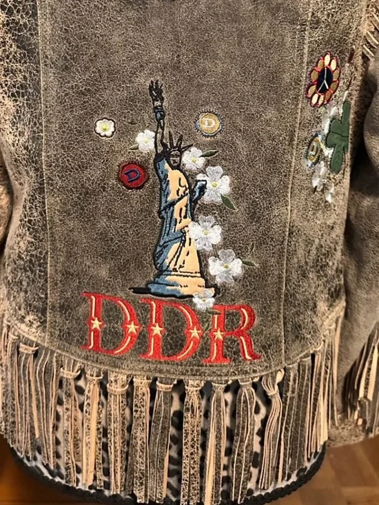 Rare Double D Ranch leather fringe jacket embroidered statue of Liberty eagle M - Picture 5 of 16